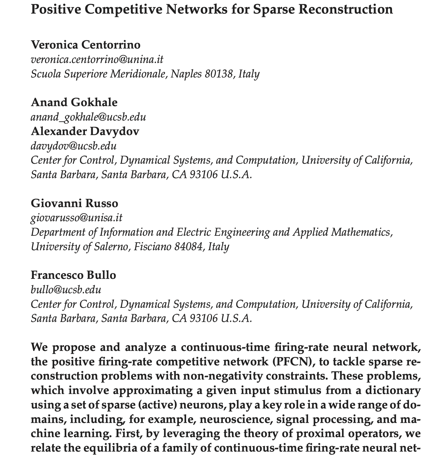 Positive Competitive Networks for Sparse Reconstruction